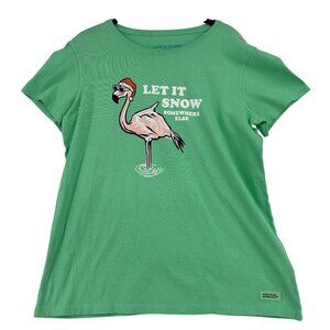 Life Is Good Crusher Tee Shirt Womens Size L Green Flamingo Let It Snow Graphic